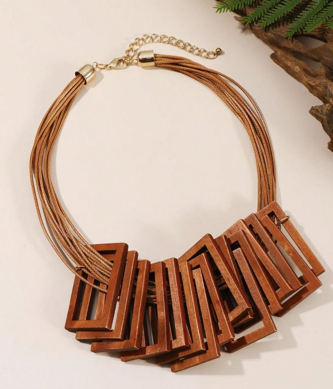 Boho Geometric Wooden Statement Necklace