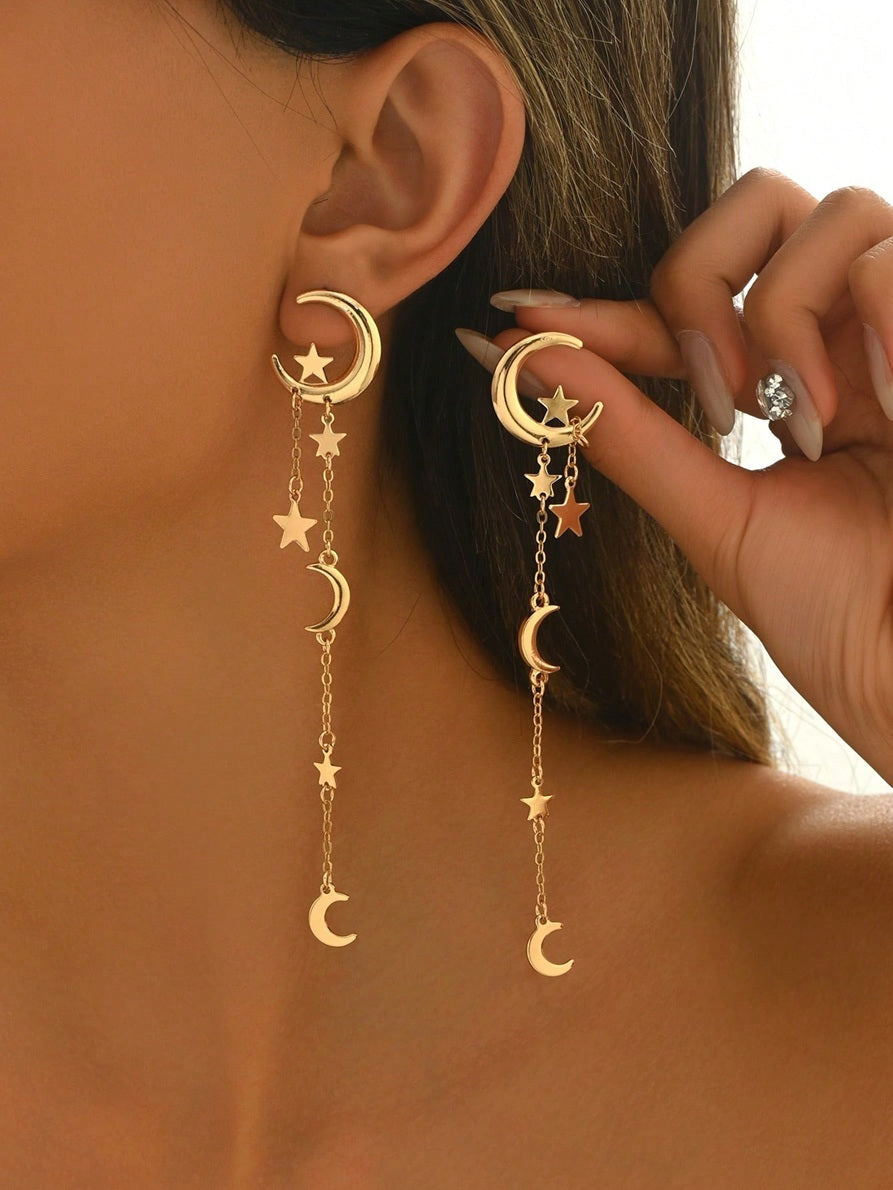 Celestial Cascade Moon &amp; Star Earrings