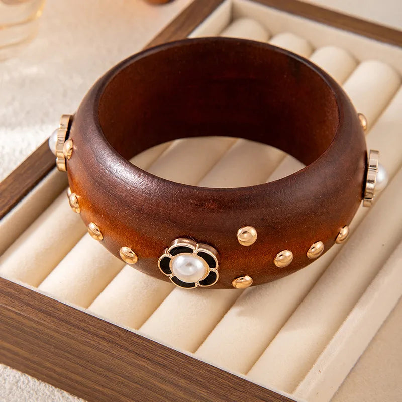 Midnight Pearl Wooden Bangle ✨