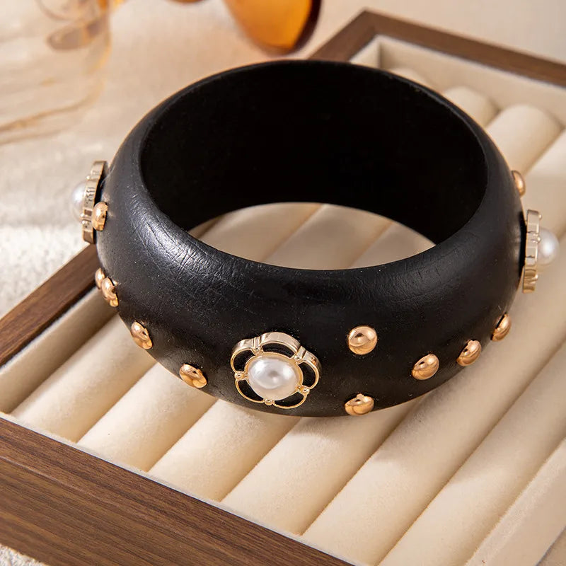 Midnight Pearl Wooden Bangle ✨