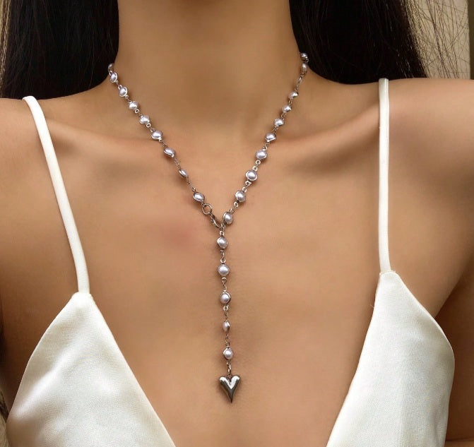 Pearl Heart Lariat Necklace